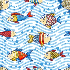 Wallpaper murals Sea waves Seamless marine pattern with cartoon fishes