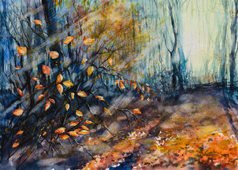 Nature background with autumn forest.Picture created with watercolors.