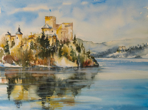 Castle in Niedzica,Poland in autumn scenery.Picture created with watercolors.