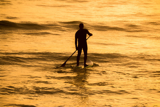 Paddle Boarder In Orange Sunset