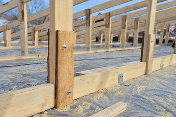 Wooden roofing construction frame, new roof skeleton, binding parts closeup