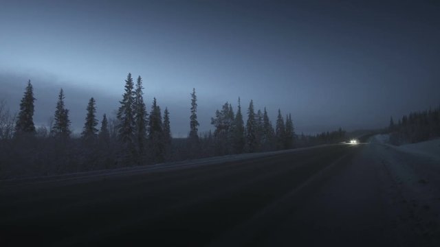 Car lights in winter forest