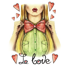 Watercolor drawing on the theme of Valentine's Day, the girl kisses, red lips, holds a bow bow tie, shirt, valentine, heart on a white background with the inscription "I love" print, face, fashionable