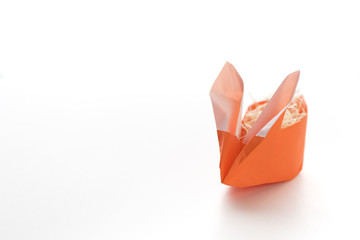 One Orange Origami Easter Bunny Basket Stuffed with Straw