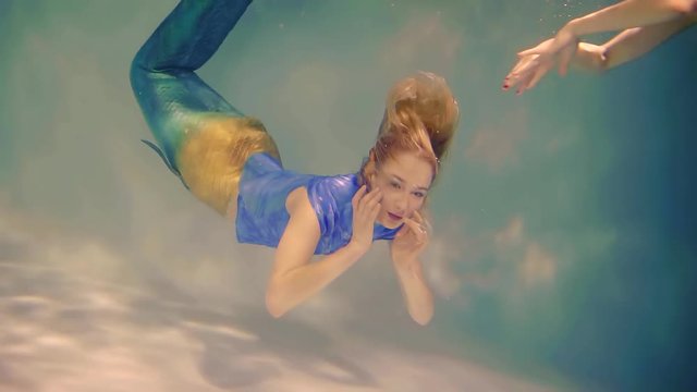 young and beautiful mermaids swim under water, women instead of legs have bright fins