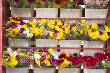 bouquets in boxes in the market