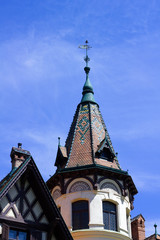 Fototapeta na wymiar Tower of a fairytale castle, art nouveau chateaux Lesna, Zlin region, Moravia, Czech Republic