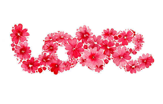 Valentines day card with floral inscription of the word "love" collected of flowers and berries. Romantic letering painted in watercolor, isolated on white background.

