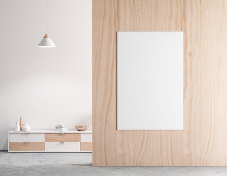 Vertical Poster Mockup on Wooden wall in empty modern interior. 3d rendering