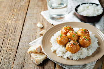 Baked Orange Chicken Meatballs with rice