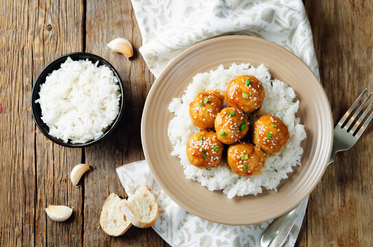 Baked Orange Chicken Meatballs with rice
