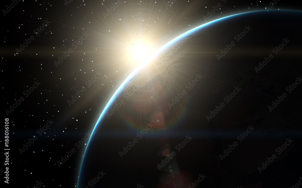 Wall mural planet earth at sunset with a view from space. image with high definition and 5k resolution. element