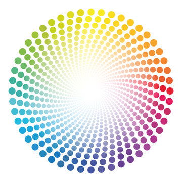 Spiral dots tube pattern - rainbow colored twisted circle illustration with white shining glowing center.