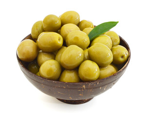 heap of olive in wooden bowl on white