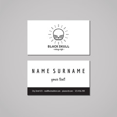Business card hipster style with skull and rays logo (vector).