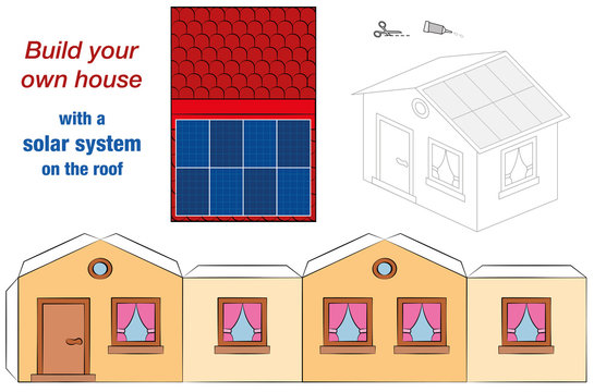 House template with solar panel collectors on the roof - photovoltaic technology cottage model - cut out, fold and glue - cut-out sheet for promotion of ecological education.