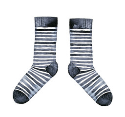 Pair of striped socks, black and white classic design. Small fabric item of clothing and leg warmer. Hand drawn watercolor illustration, cut out object, graphic on white background. Top view.