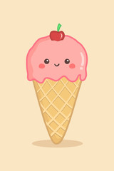 Cute Ice Cream Cone Strawberry with Cherry Topping Vector Illustration Cartoon