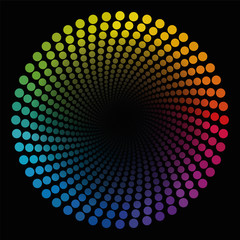 Colored spiral dots pattern tube - rainbow colored geometric twisted circular illustration with black center that seems to expand - optical illusion.