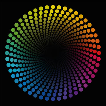 Colored spiral dots pattern tube - rainbow colored geometric twisted circular illustration with black center that seems to expand - optical illusion.