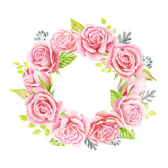 Fototapeta na wymiar Pink roses bouquet. Watercolor illustration. Cute vintage style. Wedding invitation card element. Greeting card design