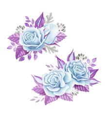 Blue roses bouquet. Watercolor illustration. Cute vintage style. Wedding invitation card element. Greeting card design