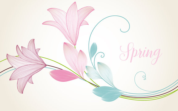 Stylish cute spring background with lily flowers painted by hand.