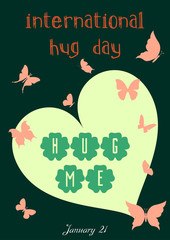 Colorful T-shirt graphic design with "Hug me" text, a heart and butterflies for International Hug Day on 21th January on colorful background in A4 dimensions - Eps10 vector graphics and illustration