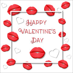 Happy Valentine's day greeting card template with red lips, white hearts, sqare frame and text on white background.