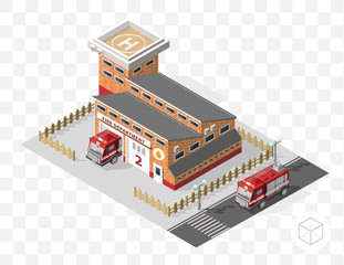 Set of Isolated High Quality Isometric City Elements . Fire Department on Transport Background