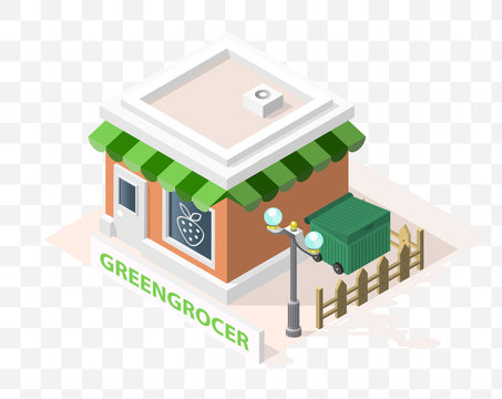 Isometric High Quality City Element with 45 Degrees Shadows on Transparent Background . Greengrocer