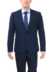 Handsome man in elegant suit on white background