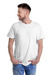 Fototapeta premium Young man in t-shirt on white background. Mockup for design
