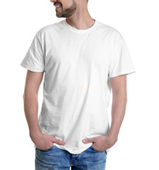 Young man in t-shirt on white background. Mockup for design