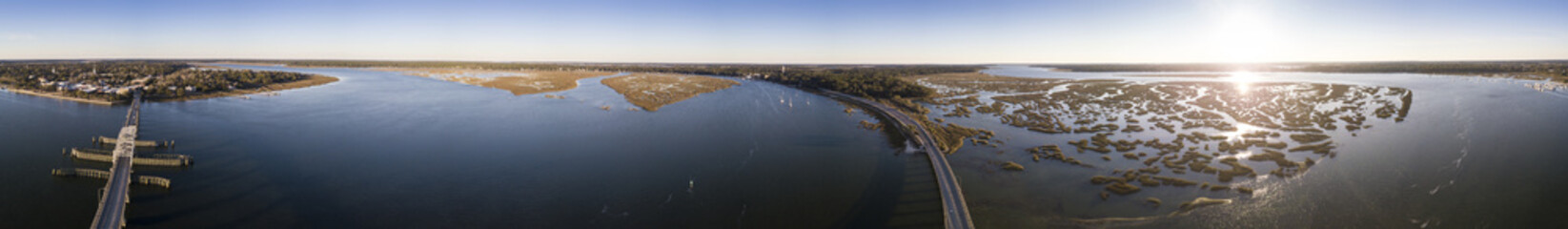 Seamless 360 degree aerial panorama of bridge, town, and waterscape in Beaufort, South Carolina, USA.