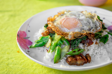 The fried crispy pork with fresh green kale and fried egg with oyster sauce and white rice in the white plate on the wooden table.