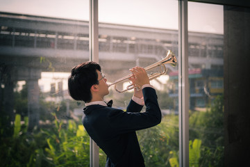 Musicain playing instrument trumpet in the hall - obrazy, fototapety, plakaty