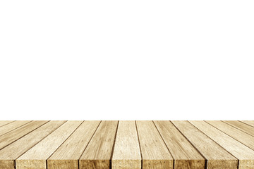Empty perspective wood , table, isolated on white background, banner, table top, shelf, counter design for product display montage