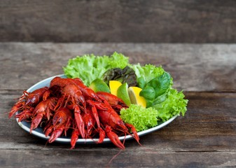 Сrawfish.  lobster with beer on a wooden table in a rustic style