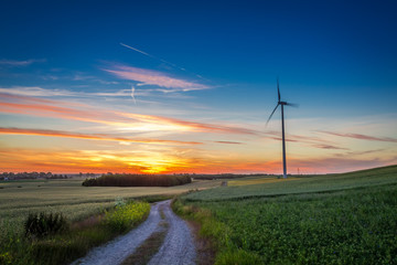 Obraz premium Stunning dusk over green field wind turbines in summer