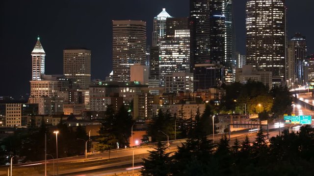 Seattle Downtown Skyline and Freeway Traffic Time Lapse 