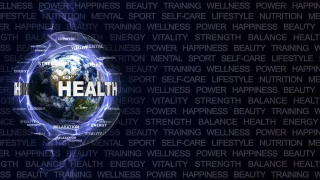 HEALTH Text Animation and Earth, Rendering, Background, Loop, 4k
