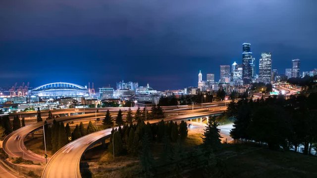 Seattle Downtown Skyline and Freeway Traffic Time Lapse 