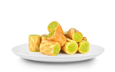 Wafer filling green tea in white plate on white background