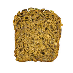 A piece of bread from wheat flour with bran and pumpkin seeds, sesame seeds, nuts isolated on white background.