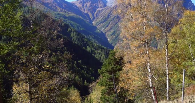 Autumn landscape, Cinema 4k tilt view of a fall color alpine landscape, on the bottom of simplon pass, on a sunny autumn day, in Valais,Switzerland