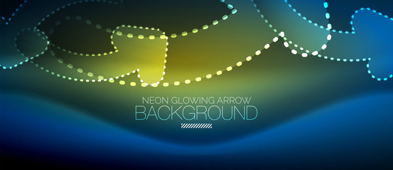 Neon techno arrow, digital abstract background