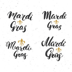Mardi Gras Calligraphic Letterings Set. Typographic Greetings Design. Calligraphy Lettering for Holiday Greeting. Hand Drawn Lettering Text Vector illustration isolated on white background