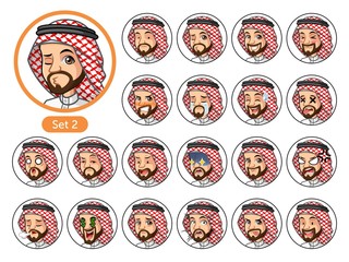 The second set of Saudi Arab man cartoon character avatars with different facial emotions and expressions, sad, tired, angry, die, mercenary, disappointed, shocked, tasty, etc. vector illustration.
