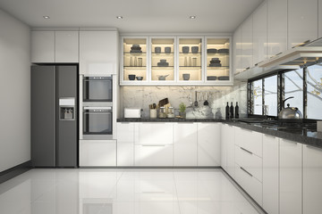 3d rendering beautiful modern white kitchen with marble decor